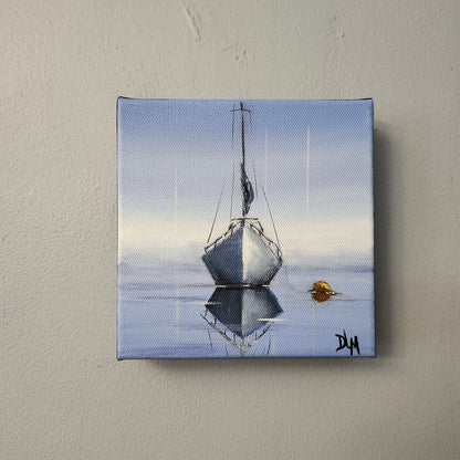 Eye level view of the acrylic painting hanging on a wall.