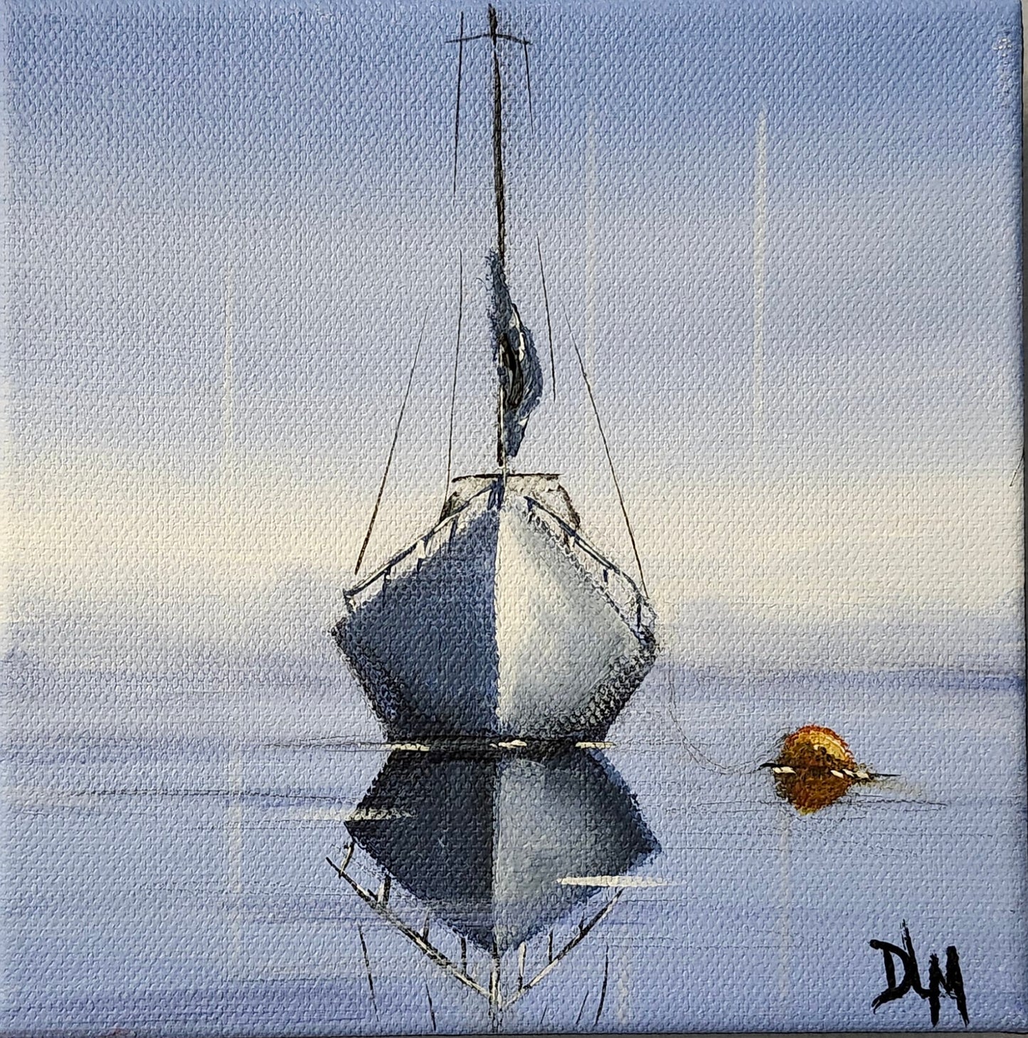 Acrylic painting of a white sailboat and its reflection on the water (center).