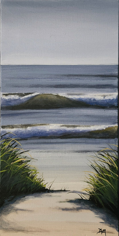 Acrylic painting of a sandy path leading to the ocean. Tall grass frames wither side of the path.