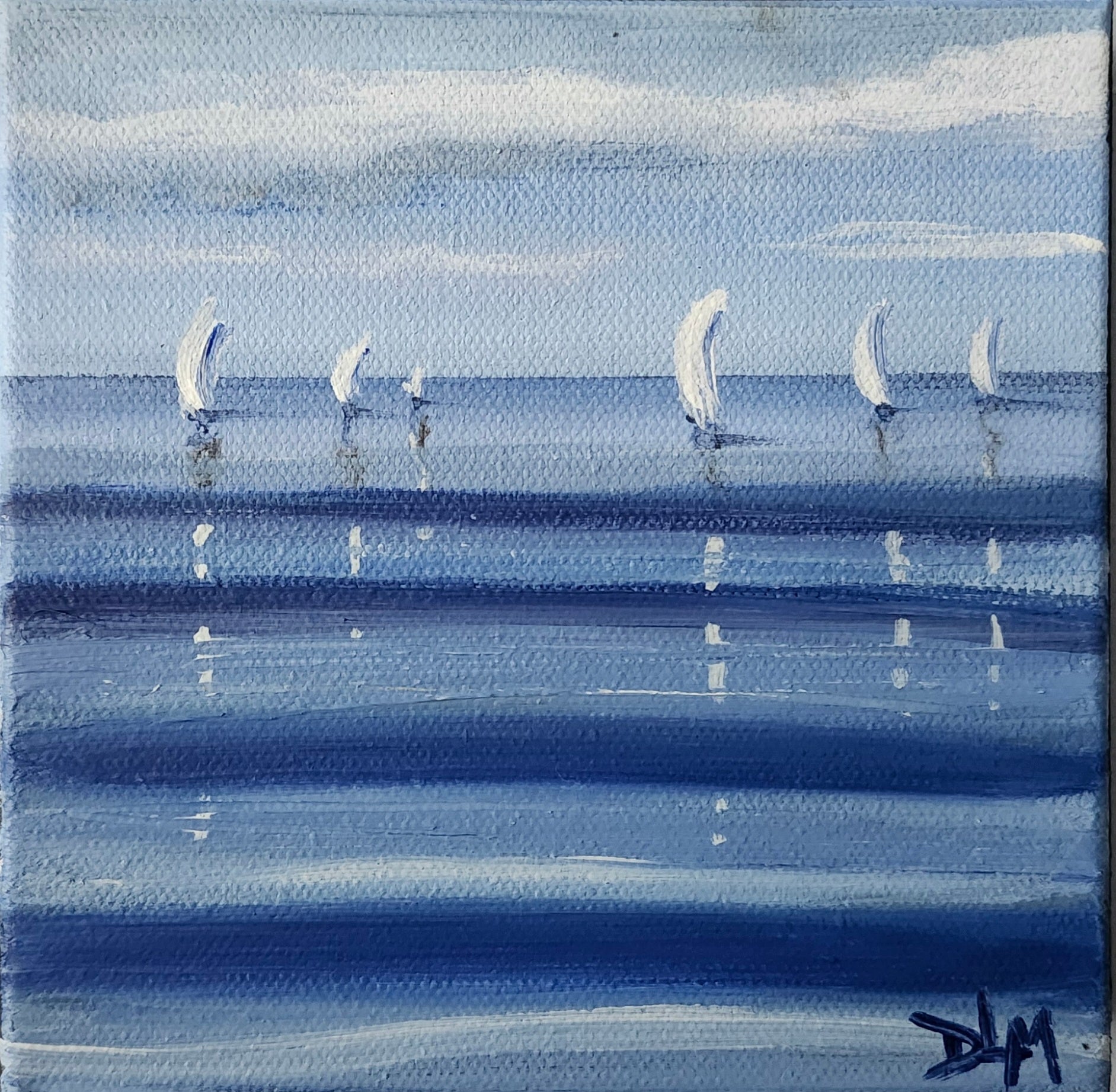 Acrylic painting of the ocean with six sailboats in the background. The sails are white and visible.