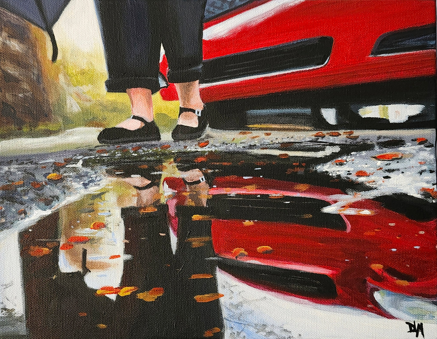 Acrylic painting of a girl wearing dress shoes walking past a puddle.