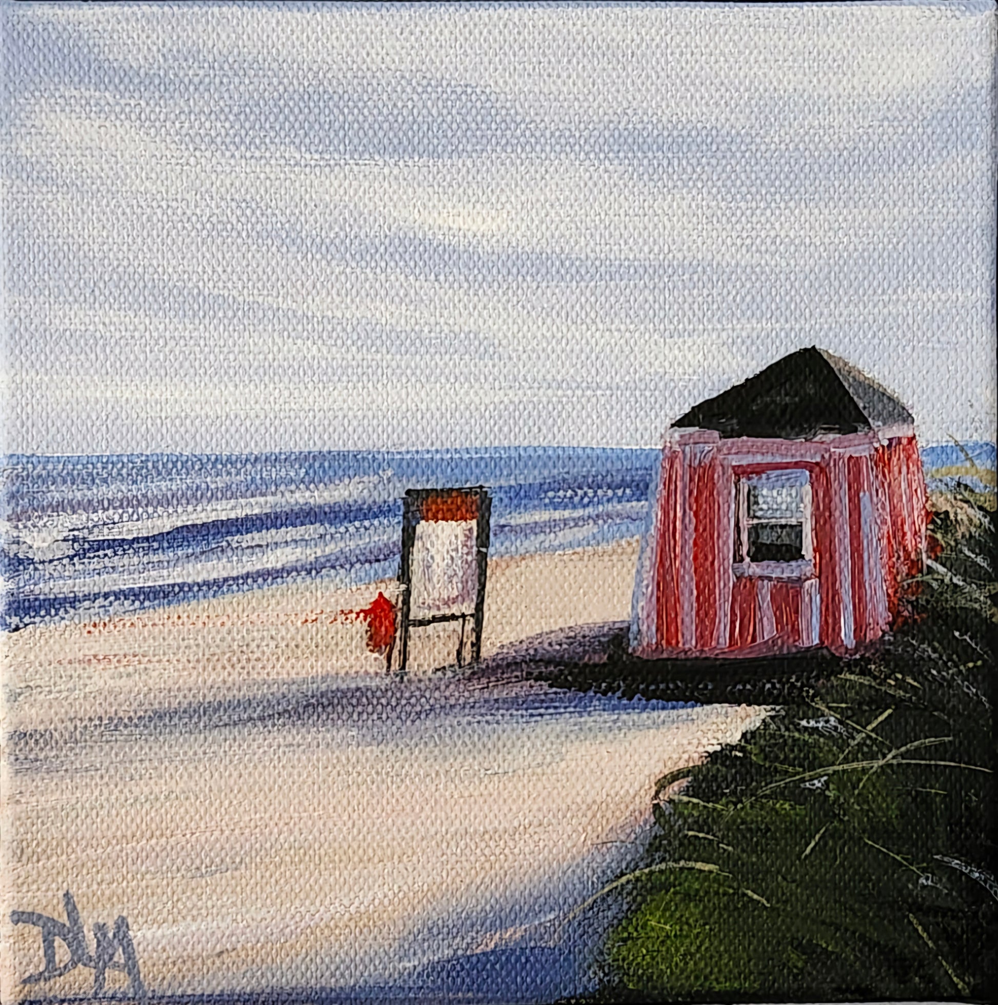 Acrylic painting of a summer beach scene. There is a red and white striped changing tent on the right.