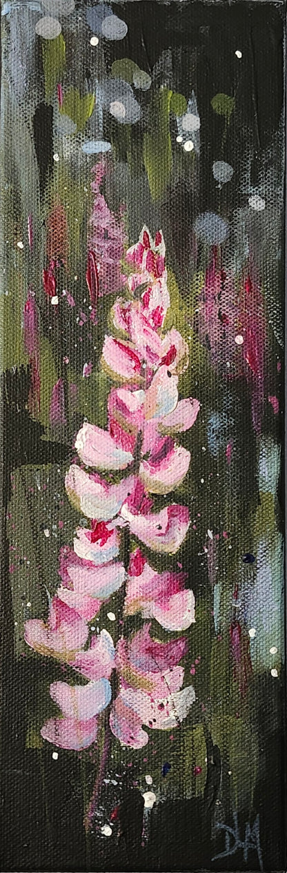 Acrylic painting of a pink lupin in front of a dark green and black background.