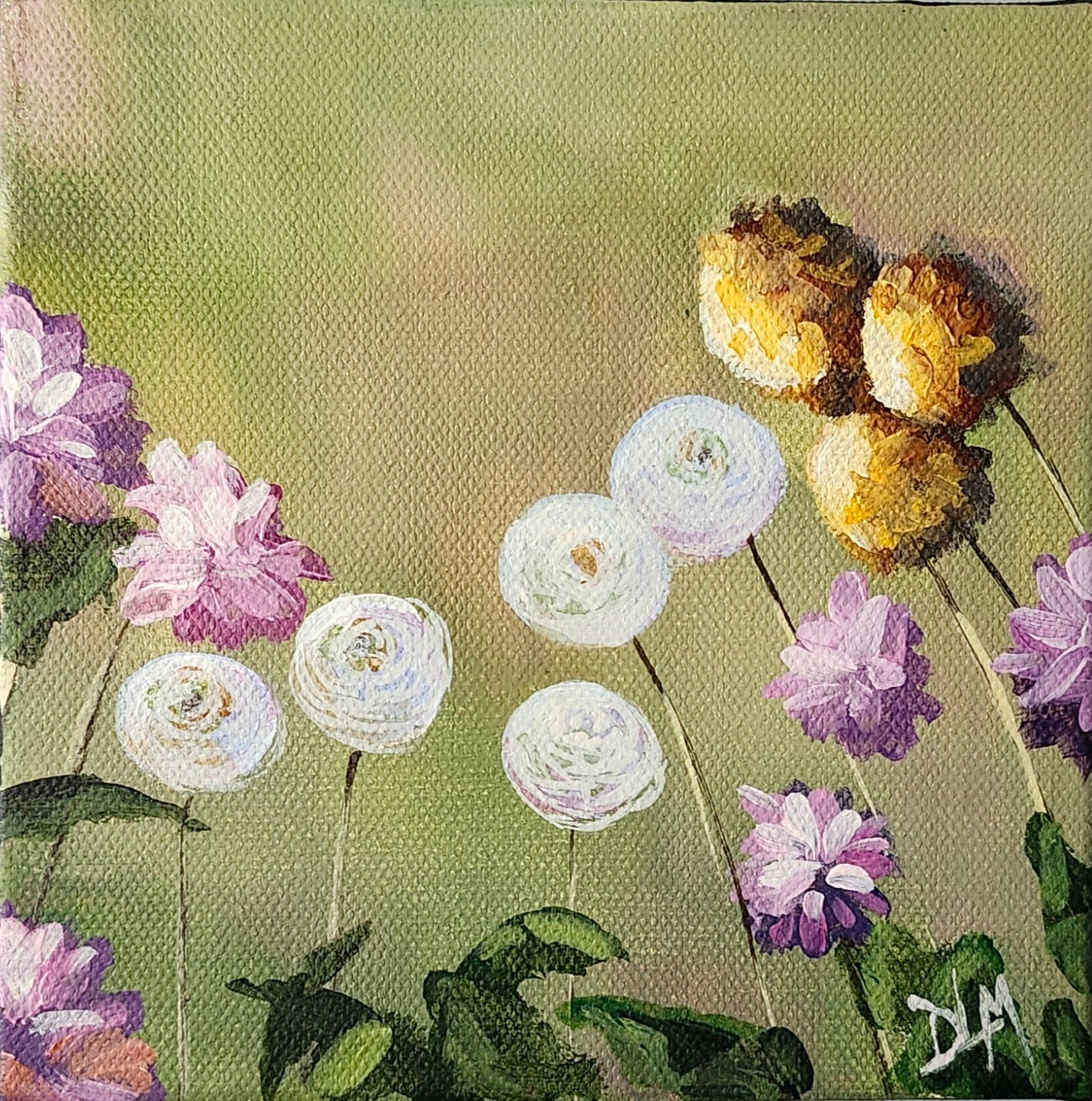 Acrylic painting of yellow, pink, and white flowers against a green background.