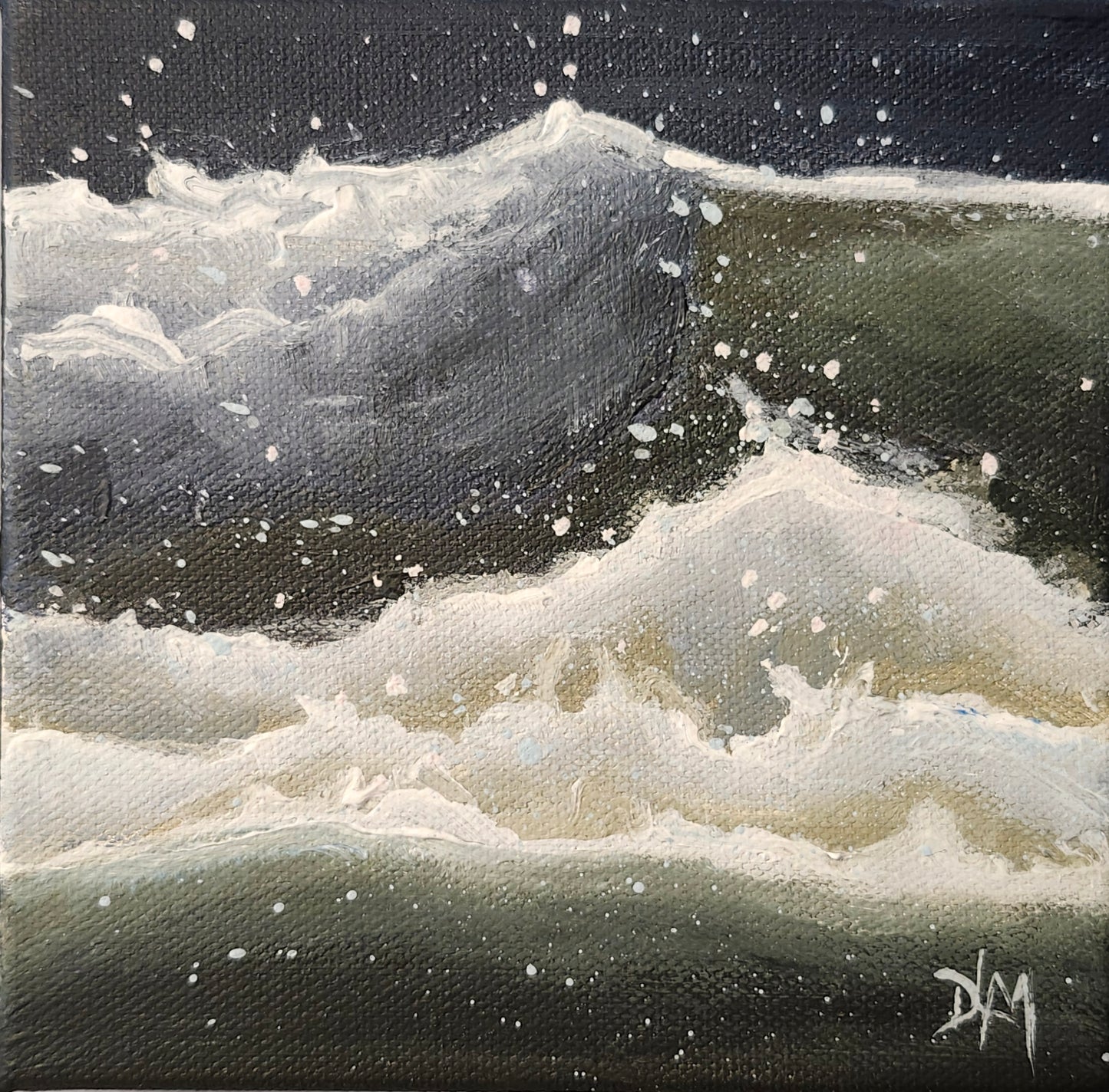 Acrylic painting of two blue and green crashing waves. The background is dark blue.