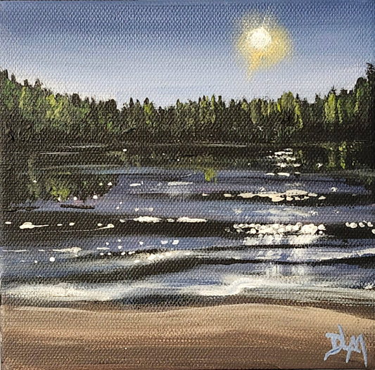 Acrylic painting of a lake scene with sparkling water and a treeline.