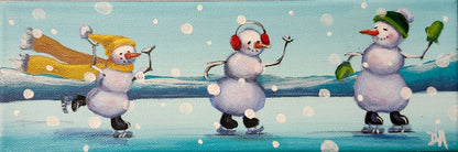 Acrylic holiday themed painting. Three snowmen are skating outside against a snowy, blue background.