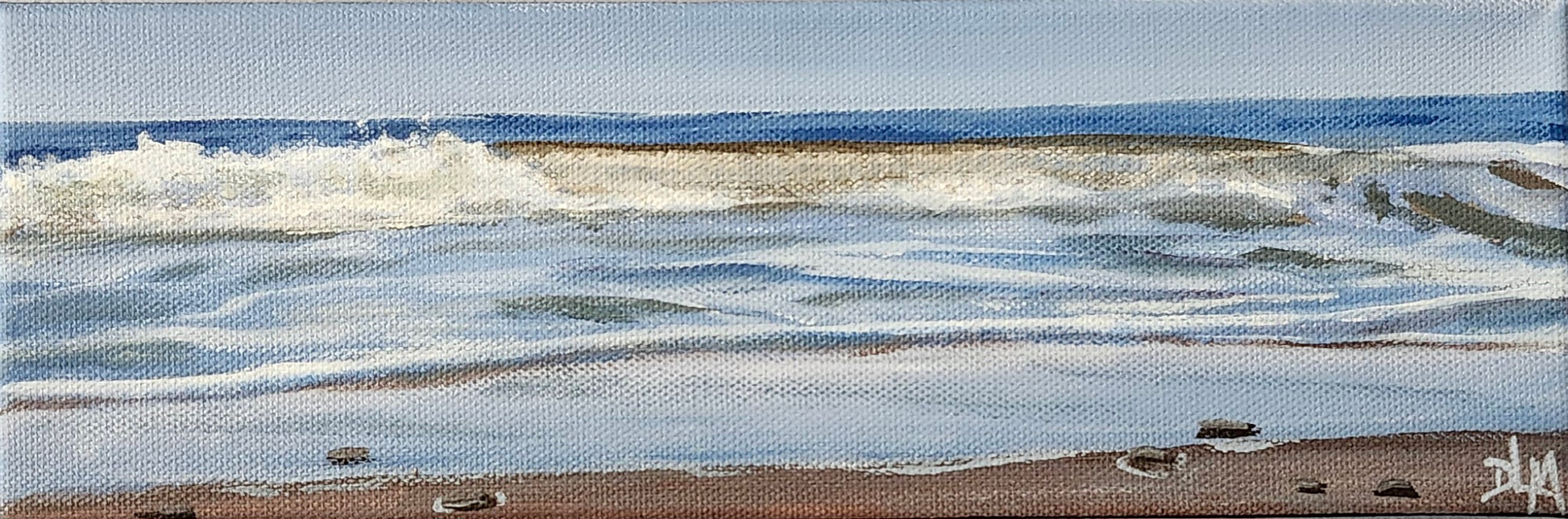 Acrylic painting of a wave crashing into a beach.