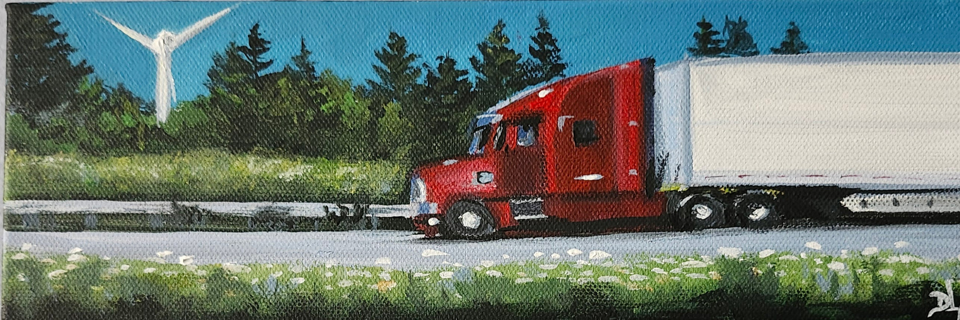 Acrylic painting of a red and white 18-wheeler truck driving on the highway.