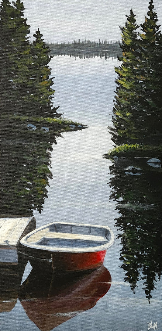 Acrylic painting of a red dory tied to a dock. The dory is in the foreground, and the background is a tree-lined lake scene. 