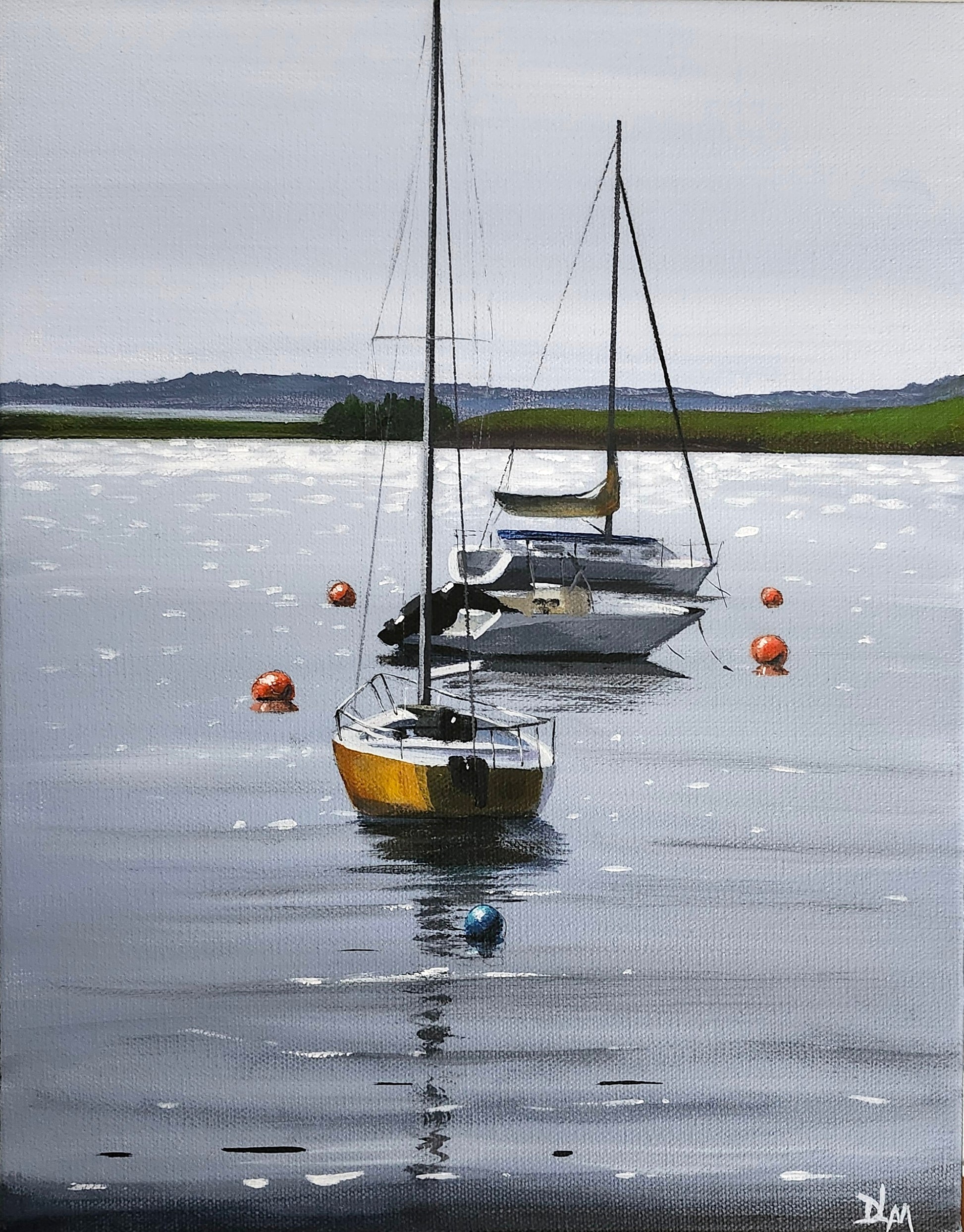 An acrylic painting of 3 moored sailboats and their buoys. The background is different shades of blue, 2 sailboats are white, and the closest sailboat is yellow. 