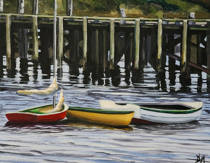 Acrylic painting of three rowboats tied together, sitting in front of a dock.