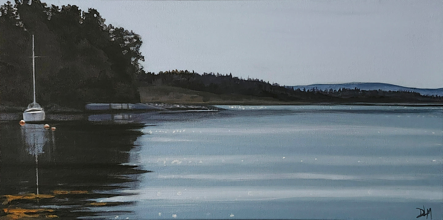 Acrylic painting of a moored white sailboat. The water is calm and there is a dark treeline in the background.