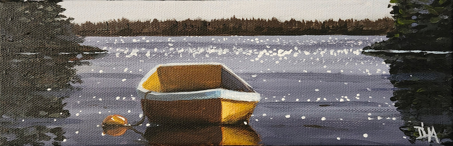 Acrylic painting of a yellow row boat on a lake.