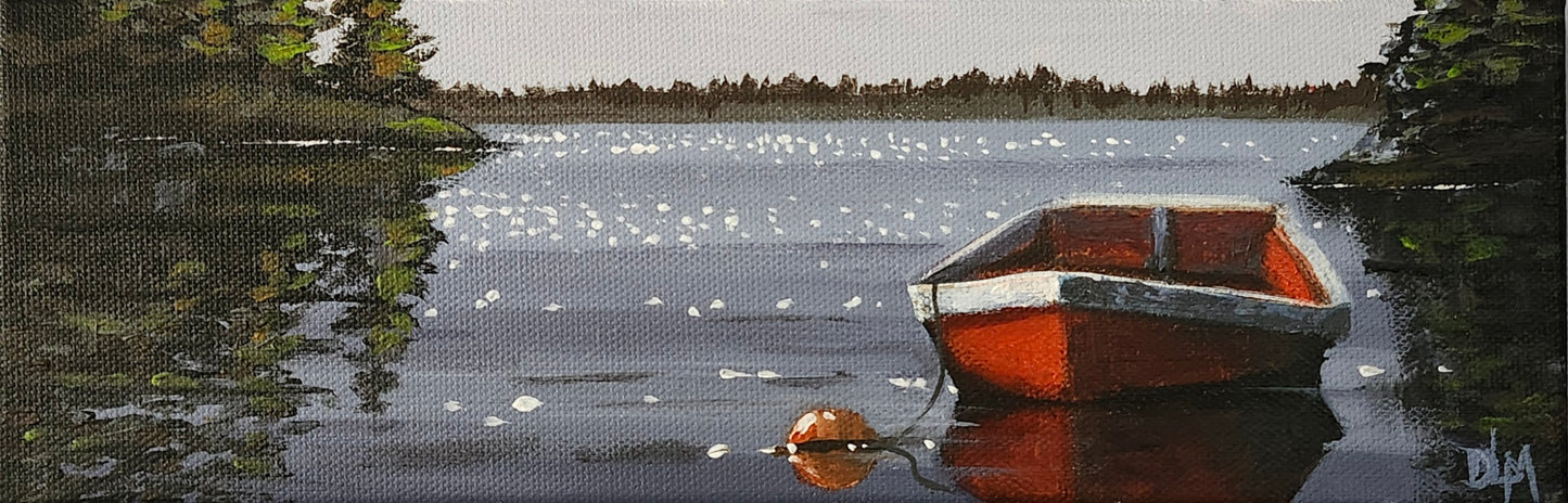 Acrylic painting of a red row boat tied to a buoy on a lake.