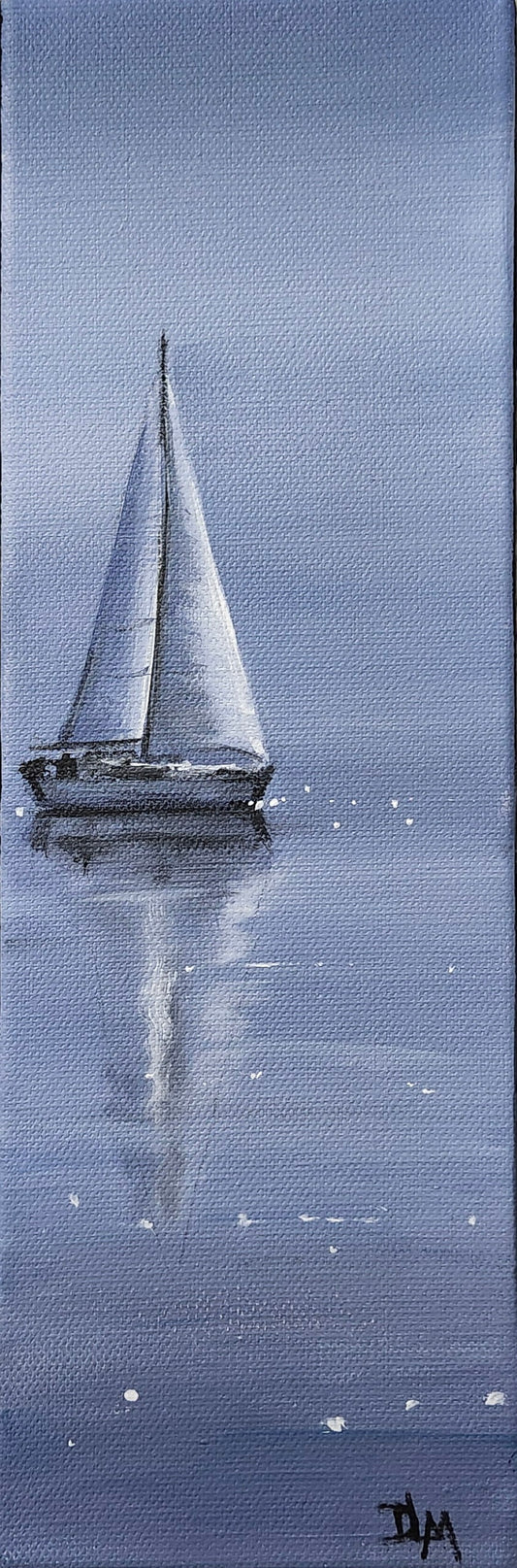 Acrylic painting of a white sailboat with its sails raised on a blue background.