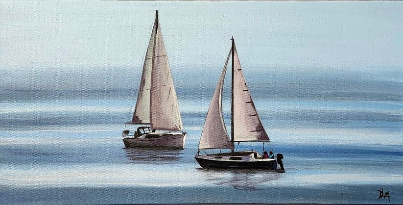 Acrylic painting of two sailboats sailing past each other. The background is different shades of blue.