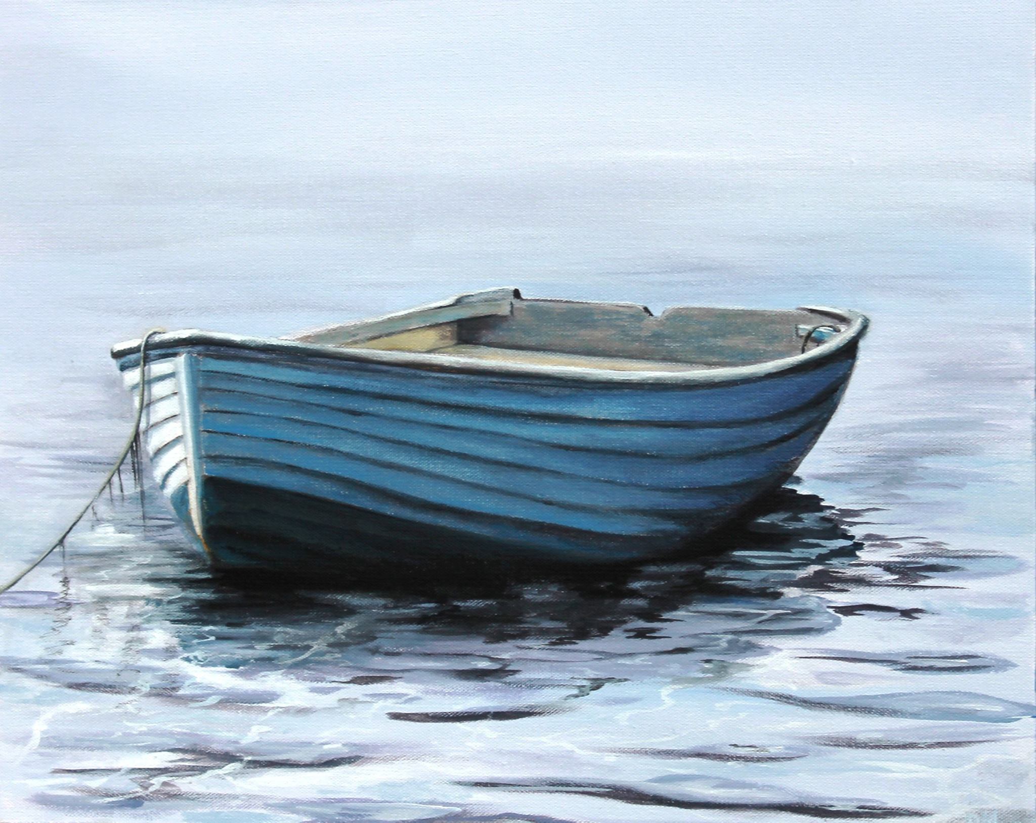 Acrylic painting of a large, white row boat (center). The background, water, and boat are shades of blue, white and grey. 