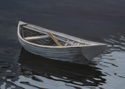 Front of an art card featuring a grey boat where oars can be seen inside.