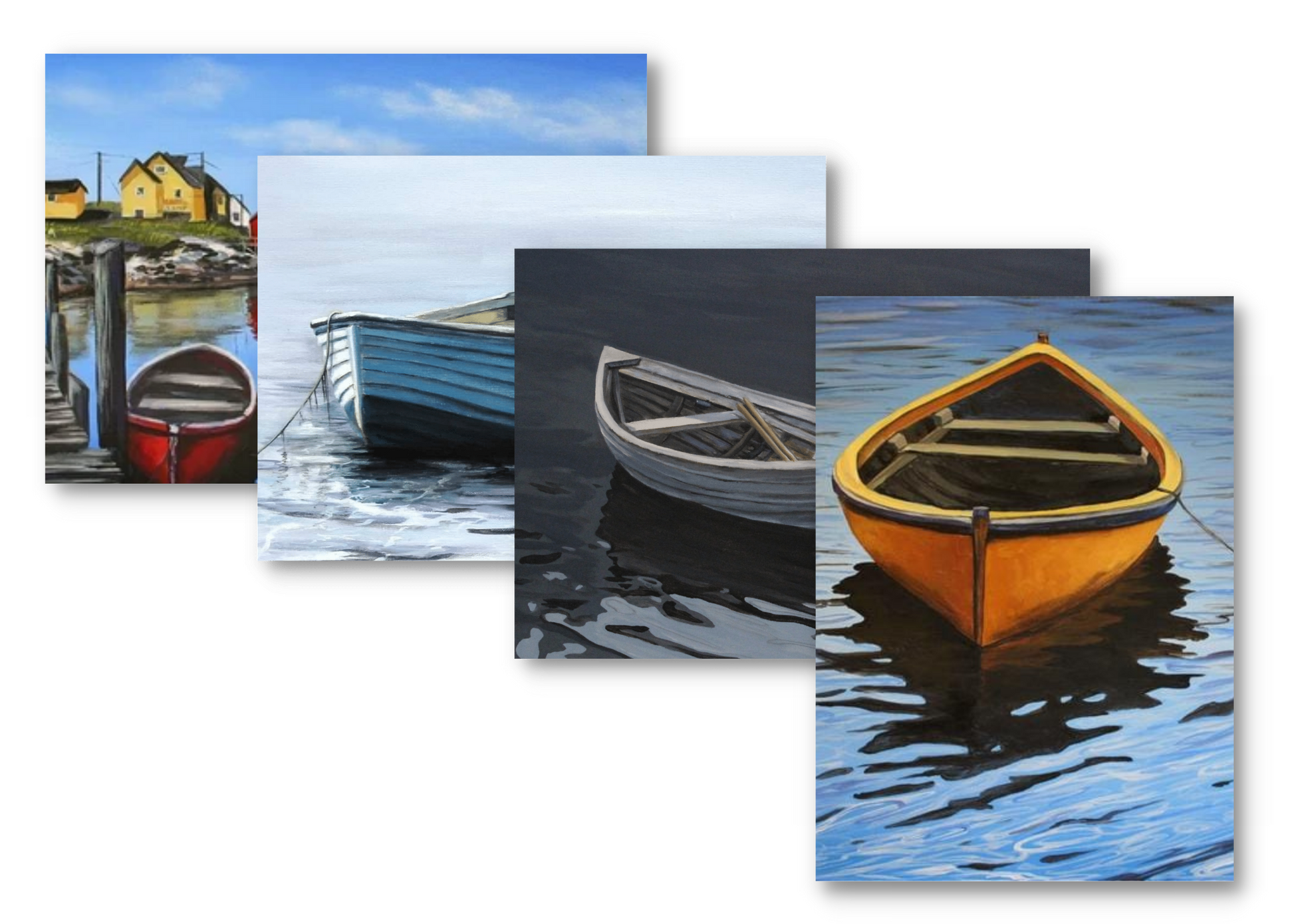 A fan-out view of the 4 different boat art cards that come in the pack.