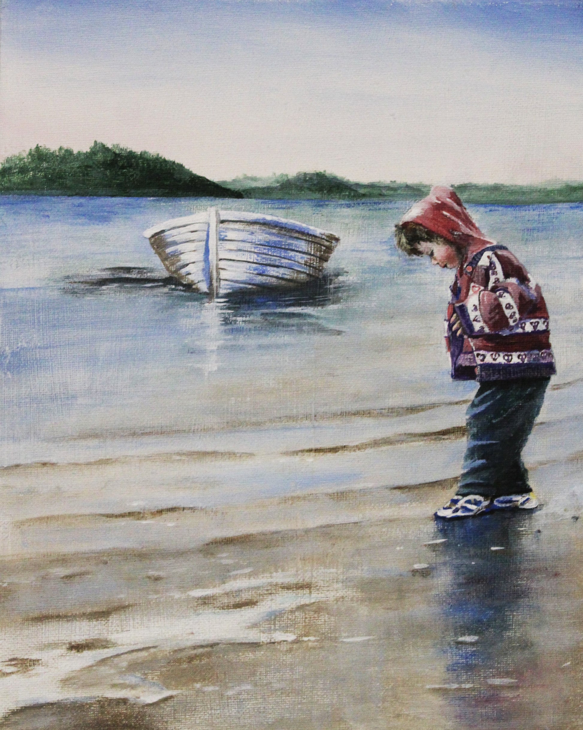 A paper print of Donna L MacDonald's painting "Girl". A little girl wearing a purple and white sweater walks along a beach. There is a white boat in the water.