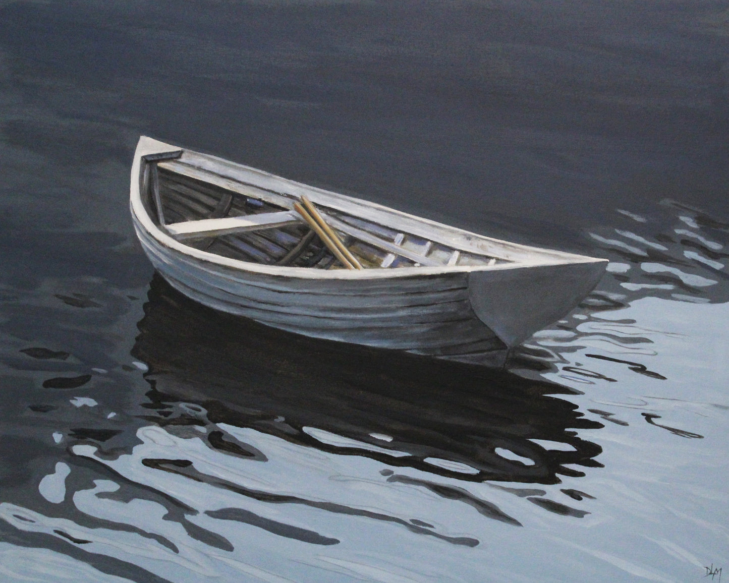 Paper print of a painting by Donna L MacDonald: "Grey Boat". A grey boat with visible oars is sitting in calm water.