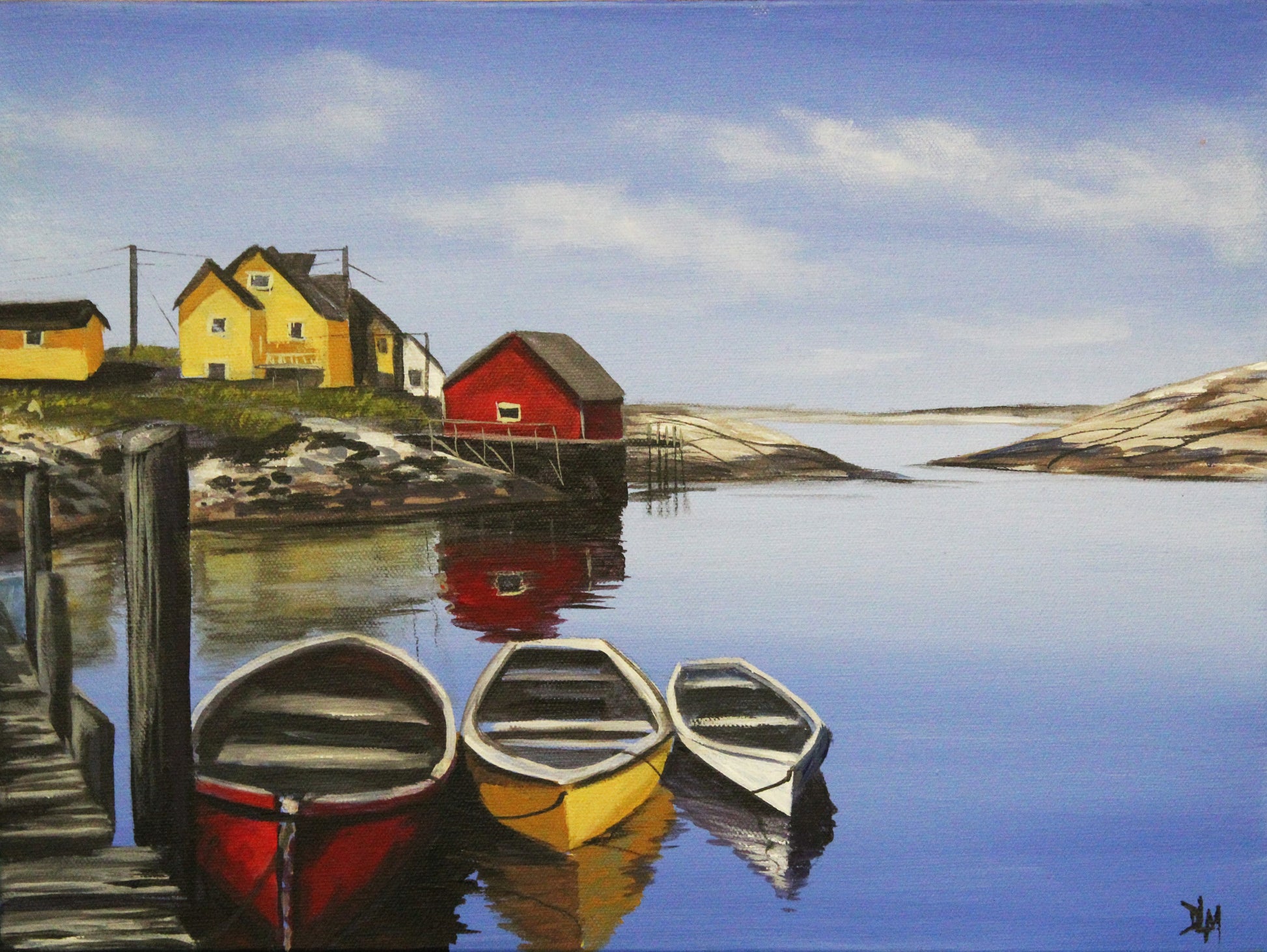 Paper print of an acrylic painting. The scene is a brightly coloured fishing village. Three row boats are line up in the foreground.