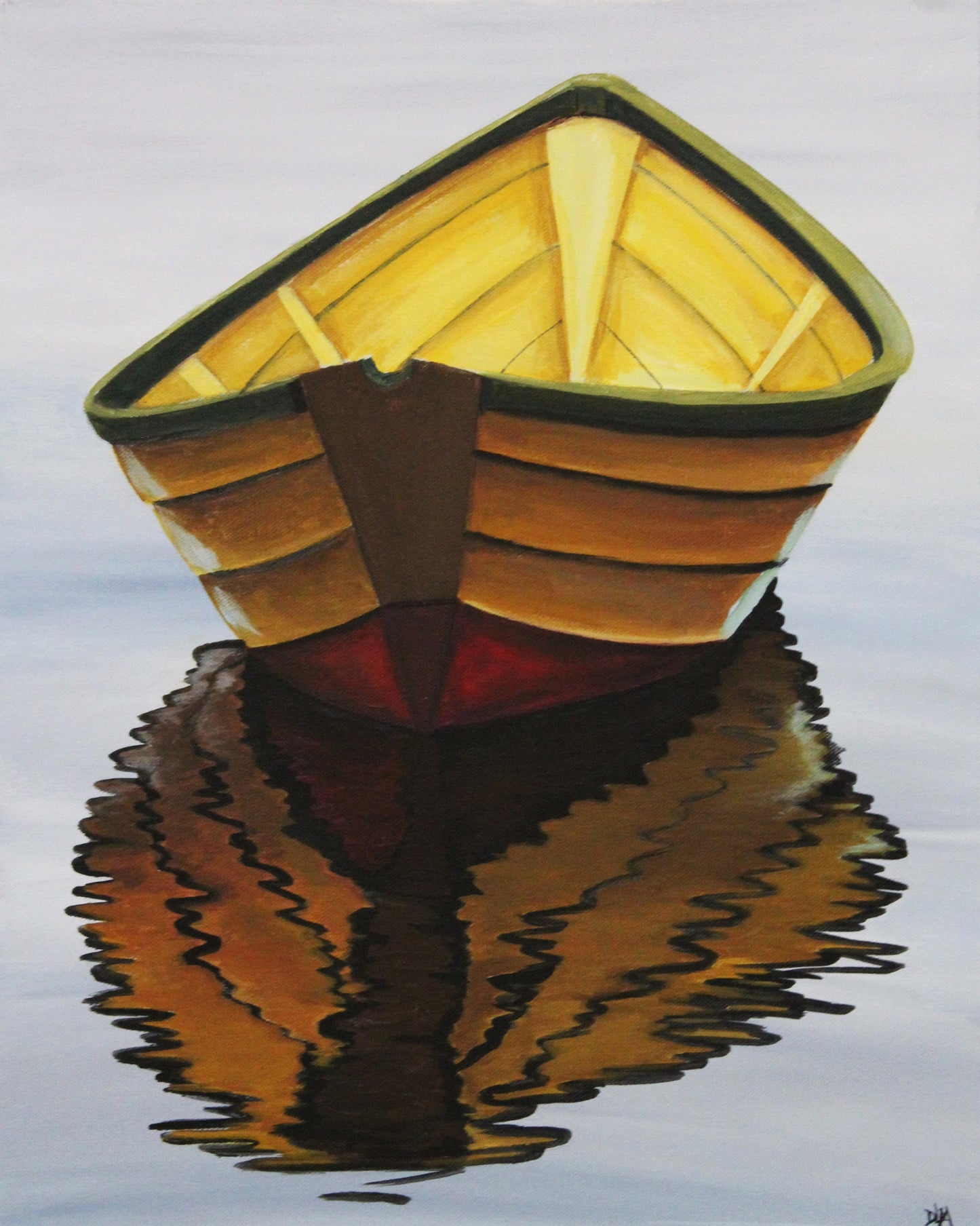 Paper print of an acrylic painting. A large yellow dory and reflection against a light grey background.